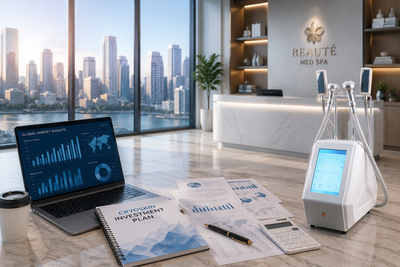 Spa investor reviewing Cryoskin business plan and ROI projections in a professional consultation meeting