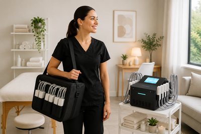 Mobile beauty technician setting up portable Cryoskin equipment for a home visit client treatment session