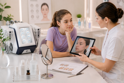 Skincare professional conducting a gentle facial consultation with a teenage client in a professional clinic setting