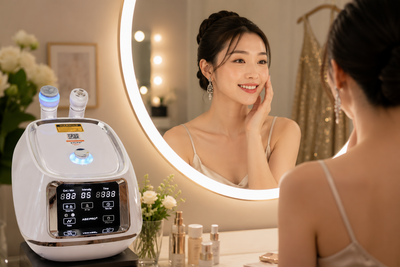 Aesthetic therapist performing Cryoskin facial treatment on client preparing for a special event in professional spa setting