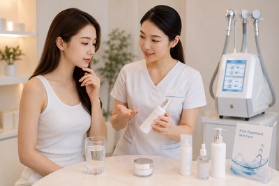 Aesthetic therapist advising client on post-Cryoskin hydration and moisturization aftercare routine in professional spa setting