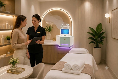 Professional spa treatment room designed for Cryoskin sessions with premium lighting, organized layout, and consultation area
