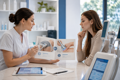 Aesthetic professional comparing Cryoskin and Cryolipolysis treatment options with client during consultation in spa clinic