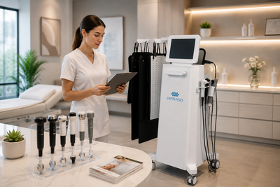 Clinic professional reviewing professional therapy equipment features and workflow interface in aesthetic treatment room