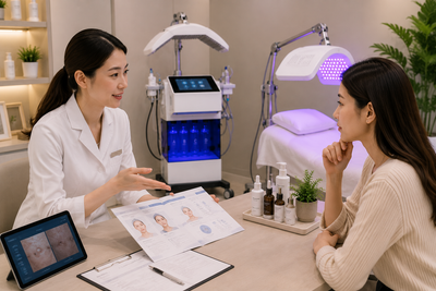 Hydrodermabrasion and LED therapy combined facial treatment consultation at clinic