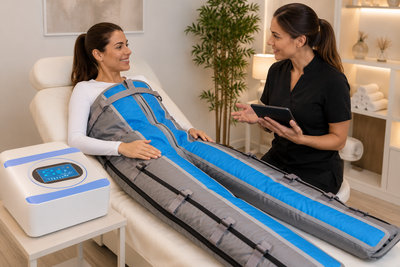 Clienta en sesión de presoterapia en clínica wellness después de 10 tratamientos