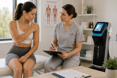 Rehabilitation therapist consulting with patient on fibrosis management treatment plan in clinical setting