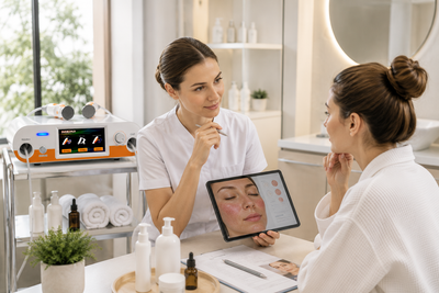 Aesthetic therapist performing post-microneedling skin recovery consultation with client in professional clinic setting