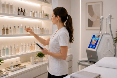 Aesthetic therapist selecting professional serum formulation for Cryoskin treatment session in spa clinic setting