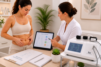 Consulta de tratamiento de ondas de choque para flacidez abdominal en clínica estética