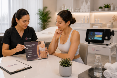Terapeuta estética aplicando terapia de ondas de choque en cliente durante sesión de detox corporal en clínica profesional
