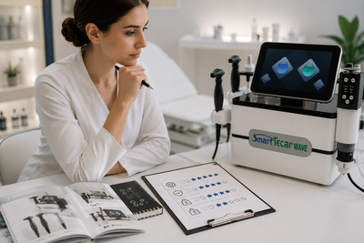 Clinic owner evaluating professional shockwave therapy machine features and specifications before purchase decision
