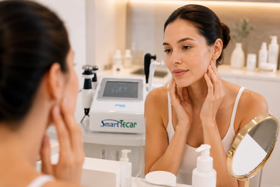 Aesthetic therapist performing gentle CET facial lifting treatment on client in professional spa setting