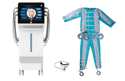 BR619 PRO 24-Cell IR Pressotherapy Machine – Full System View with Green Suit & Eye Massage Mask | KMSLASER