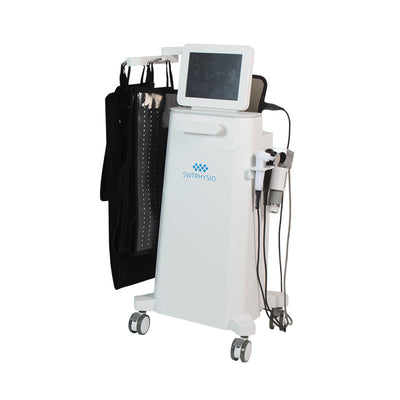 SWTPHYSIO Radial Shockwave 448K CET RET Lipo Laser Machine – Full System View with Professional Cart Design | KMSLASER