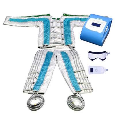 BR611 Pressotherapy Machine – Compact blue tabletop console with green full-body compression suit and eye massager | KMSLASER