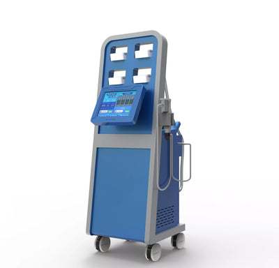 Cool Wave Plus 2-in-1 cryolipolysis and shockwave body contouring machine – full front view with 4 cryo applicator slots, touch screen and shockwave handpiece